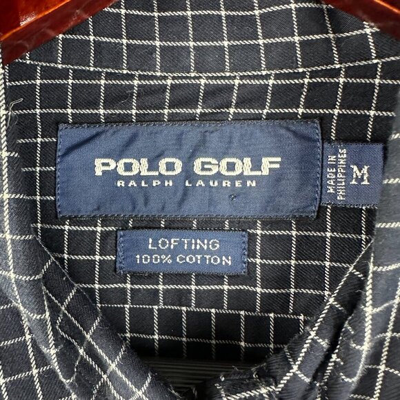 Polo Golf Shirt Mens Medium Lofting Button Up Navy Blue White Cotton Long Sleeve - Picture 5 of 8